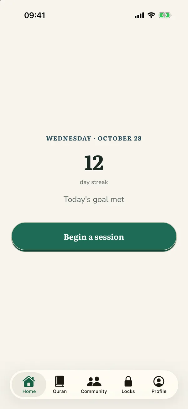 The today screen: a twelve-day streak, today's goal met, and a button to begin a session.